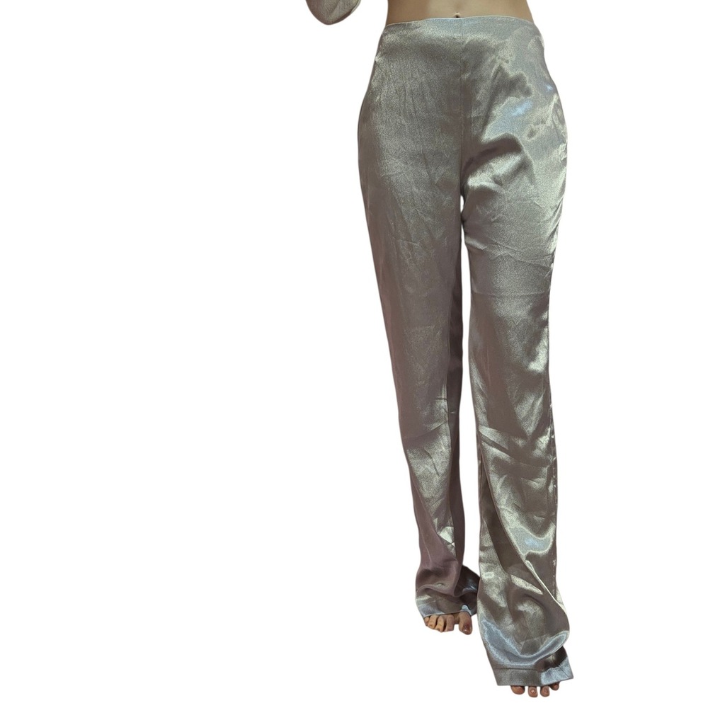 House of CB NWT Emiliana M Silver Womens Satin Wide Leg Pants Metallic Silver - Picture 2 of 7